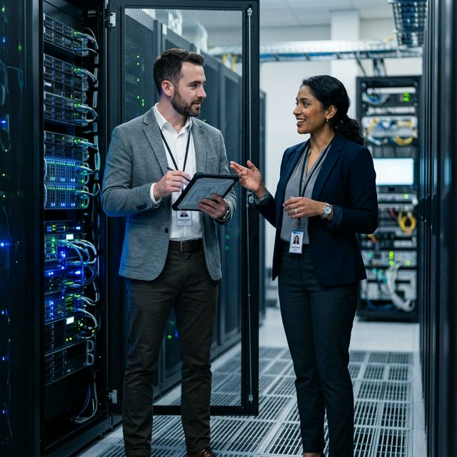 Professional IT Engineers meeting in a modern server room